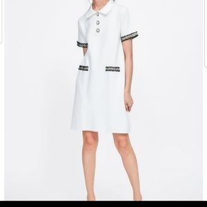 Zara White Short Sleeve A-Line Dress with Trim